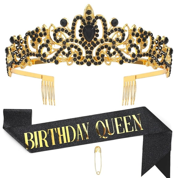 Black Birthday Queen Sash and Crystal Tiara Set, Rhinestone Hair Accessories and Glitter Sash for Women's Birthday Party Gift