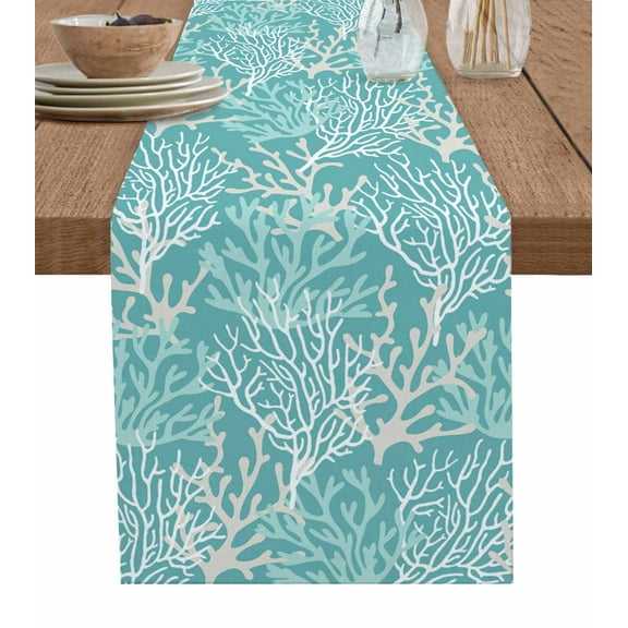 Table Runner Dresser Scarf 13 x 90 Inch Summer Gradient Teal Ocean Coral Coastal Table Runners Non-Slip Heat Kitchen Dining Table Decor for Indoor Outdoor Home Party Decoration