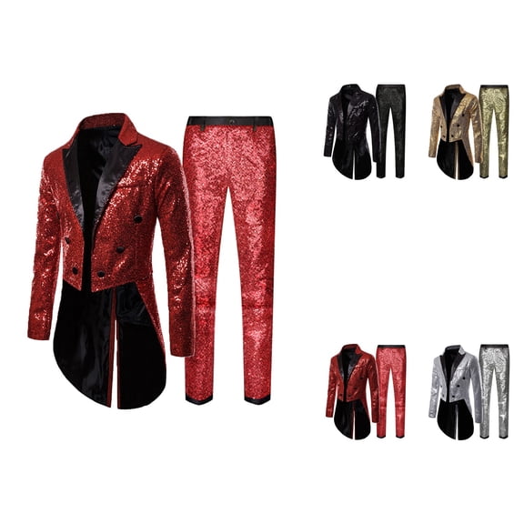 Men's Sequin Blazer Retro Dress Top and Pants Set Metallic Slim Suit 2 Piece Disco Prom Shiny Outfit Wedding Party Banquet Fashion Jacket Pant