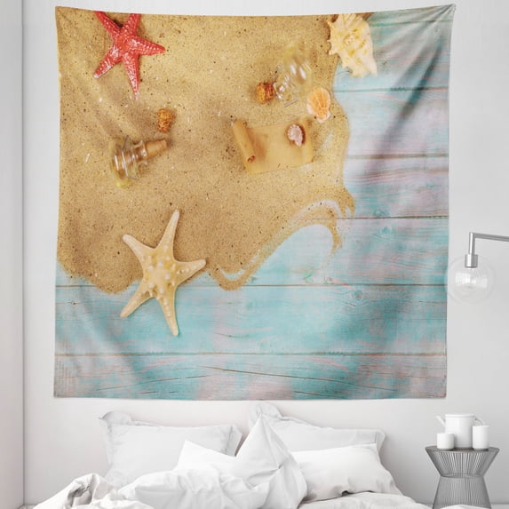 Beach Tapestry, Seashells and Dark Salmon Colored Starfish Coastal Themed Marine Artwork, Fabric Wall Hanging Decor for Bedroom Living Room Dorm, 5 Sizes, Seafoam and Sand Brown, by Ambesonne