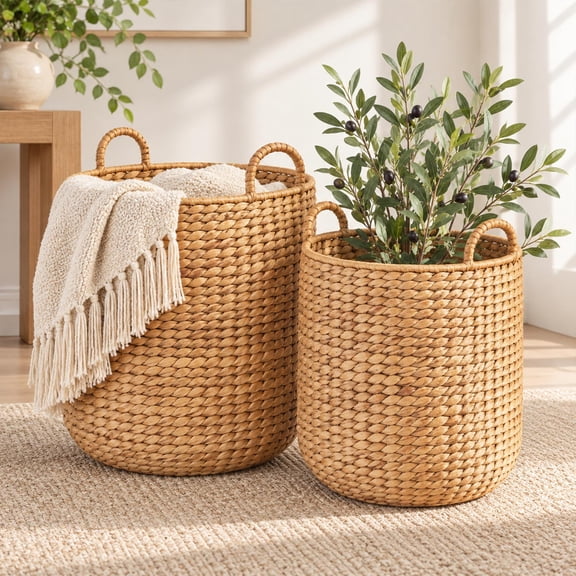 2-Piece Round Nesting Baskets W/Handles, Handwoven Water Hyacinth, Plant Holder, Laundry Basket, Storage Organizer, Tote Bins for Bedroom, Living Room, & Laundry Room - Natural