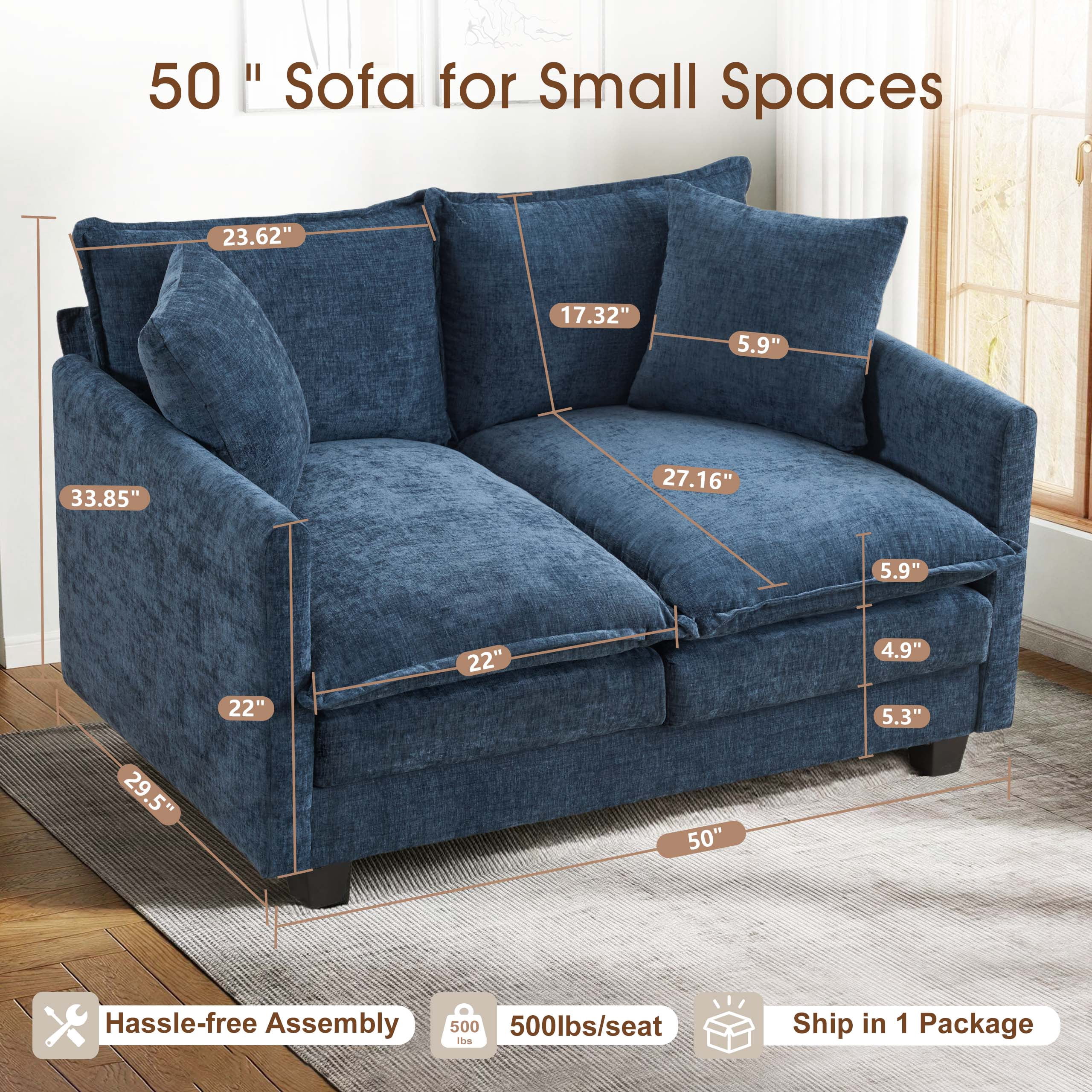Dioepic 50" Loveseat Sofa Couch Deep Seat Chenille Fabric with 2 Pillows for Living Room and Small Spaces, Blue