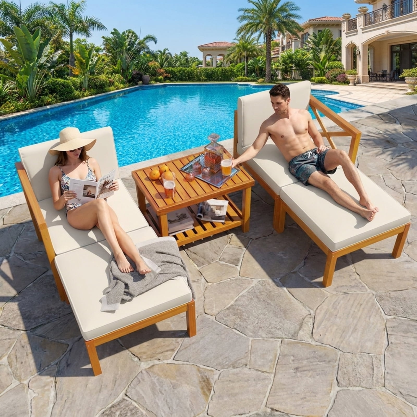 Furnibear 5 Piece Acacia Wood Patio Lounge Chair Set Outdoor Sofa Conversation Set with Ottomans Cushions and Coffee Table for Backyard, White
