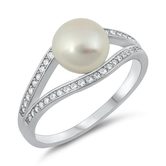 White Simulated Pearl Bead Cubic Zirconia Split Shank Ring Sterling Silver Size 9