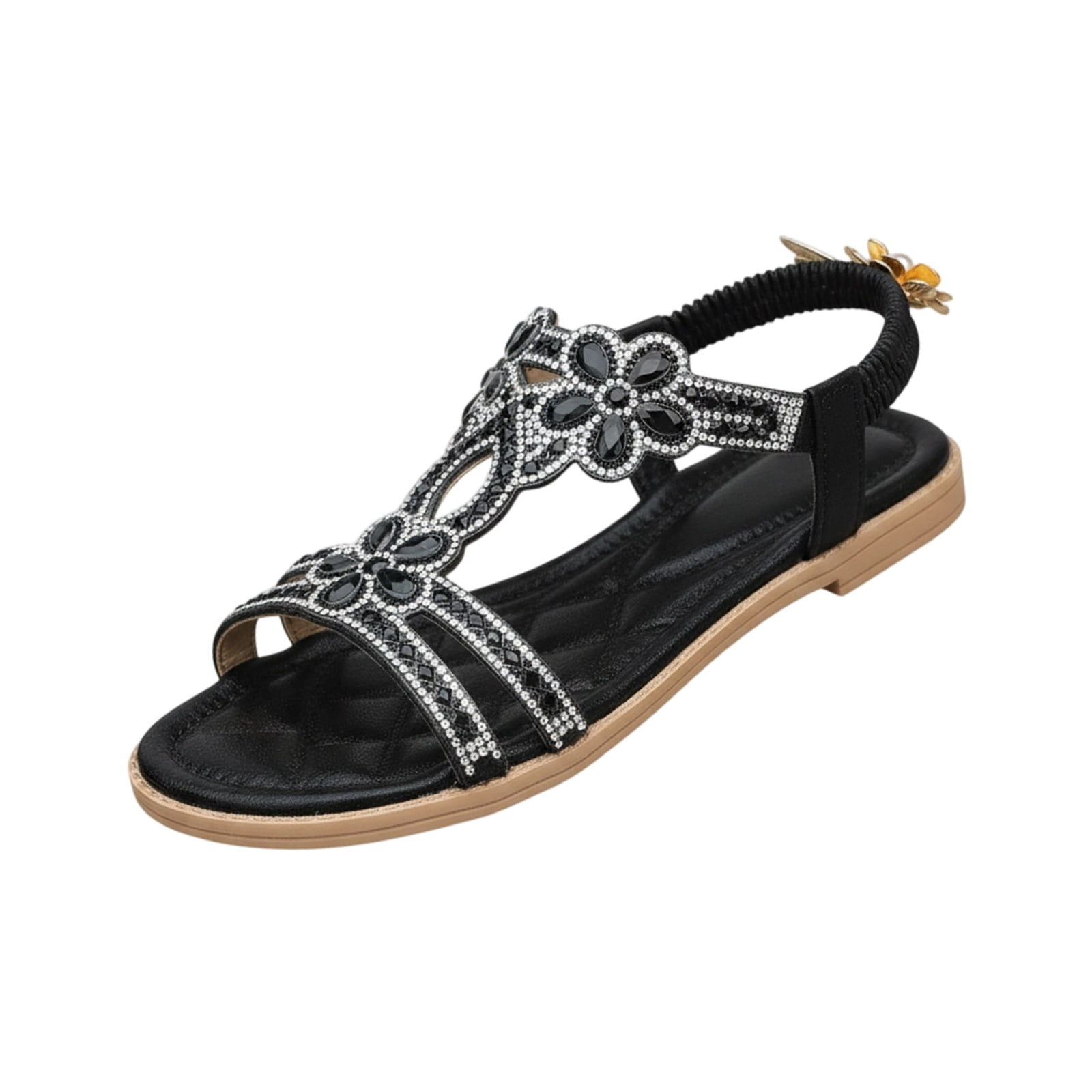 Women's sandals fashionable bohemian beaded flat sandals sandals women breathable open toe with elastic ankle strap non-slip outsole womens sandals perfect for summer beach leisure casual,Black 39
