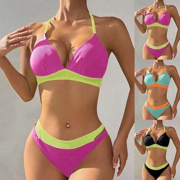 UTSJKR Triangle High Waisted Halter Bikini Set for Women Summer Fashion Two Piece Bathing Suits Color Block Swimsuits Black L