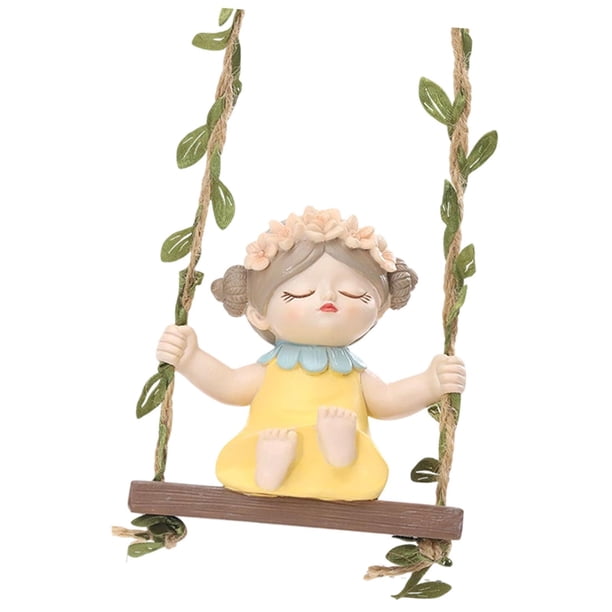 Swinging Girl Statue Garden Hammock Decoración decorativa Decoración de la casa de muñecas Regalo de resina de resina Figurita colgante para Amarillo