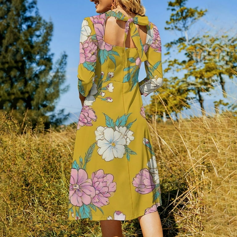 Mustard Yellow Floral Repeat Pattern Women's 3/4 Sleeve Dresses