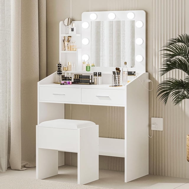 Vanity Desk with Mirror and Lights, Makeup Vanity with Power Outlet, 3 Lighting Modes Adjustable Brightness, Small Vanity Table Set with 2 Drawers, Makeup Table for Bedroom