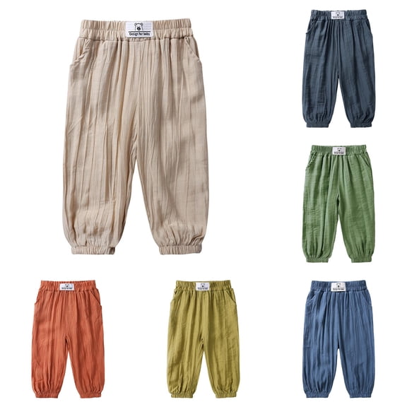 Weebloom Cotton Linen Pants For Little Boys Toddler Kids Boy Girl Casual Basic Plain Soft Trousers Anti-Mosquito Sun Protection Lightweight Baby Summer Linen Pants Khaki 7-8 Years