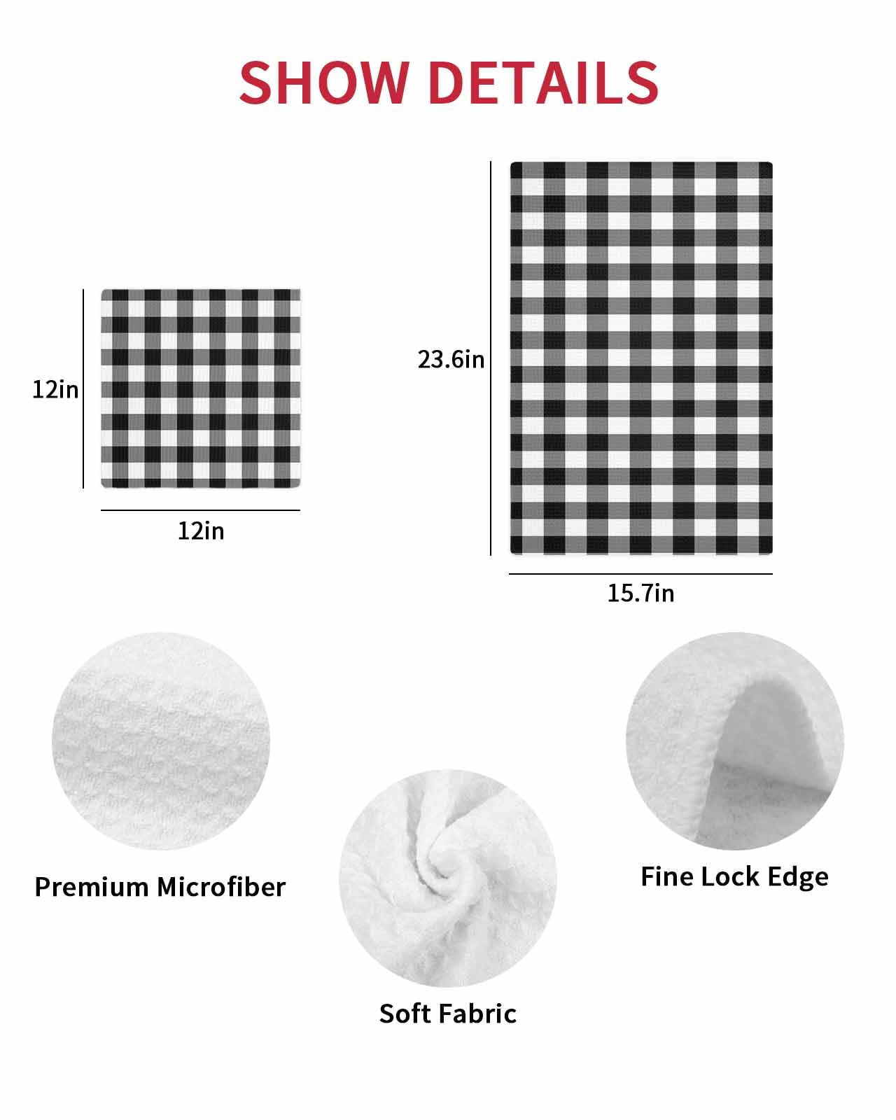 Black White Plaid Kitchen Dish Towels for Drying Dishes Set of 2, Gradient Geometric Buffalo Checkered Waffle Weave Microfiber Hand Tea Bathroom Towels Quick Dry & Absorbent Towel 12x12