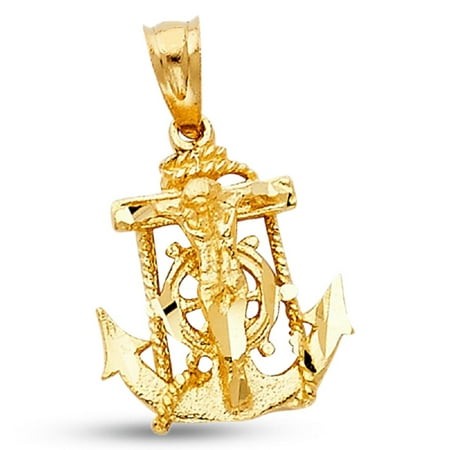 14k Gold Mariners Cross - Jesus Anchor Crucifix Pendant Solid 14k Yellow Gold Mariner Cross Charm Religious Design 15 x 14 mm