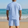 thumbnail image 4 of HBGVBA Men Solid Color Casual Vintage Linen Elastic Waist Shorts Button Stand Collar Pocket Short Sleeve Shirt 2 Piece Beach Set, 4 of 5