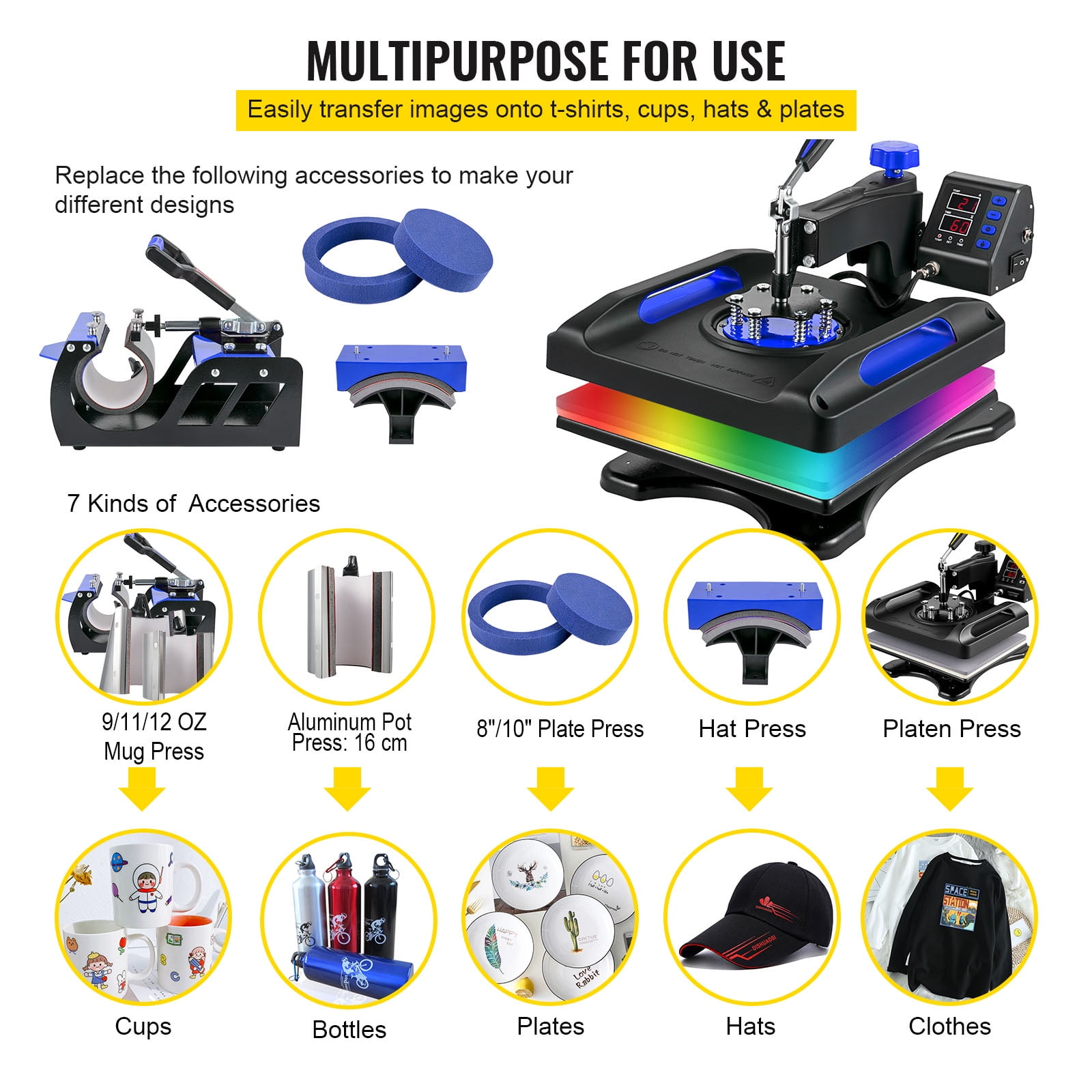 BENTISM Heat Press Machine 8 in 1, 15" x 15" 800W Dual-Tube Heating Press Sublimation Machine 360° Rotation Swing Away T-Shirt Printing Machine for DIY T-Shirts Cap & Mugs Blue