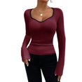 thumbnail image 3 of Camiseta de Larga con Cuello Redondo Estilo Y2K para Mujer, de Color Liso, Ideal para , Otoño e Invierno. para un Look Casual de Negocios. Rojo Vino S, 3 of 8