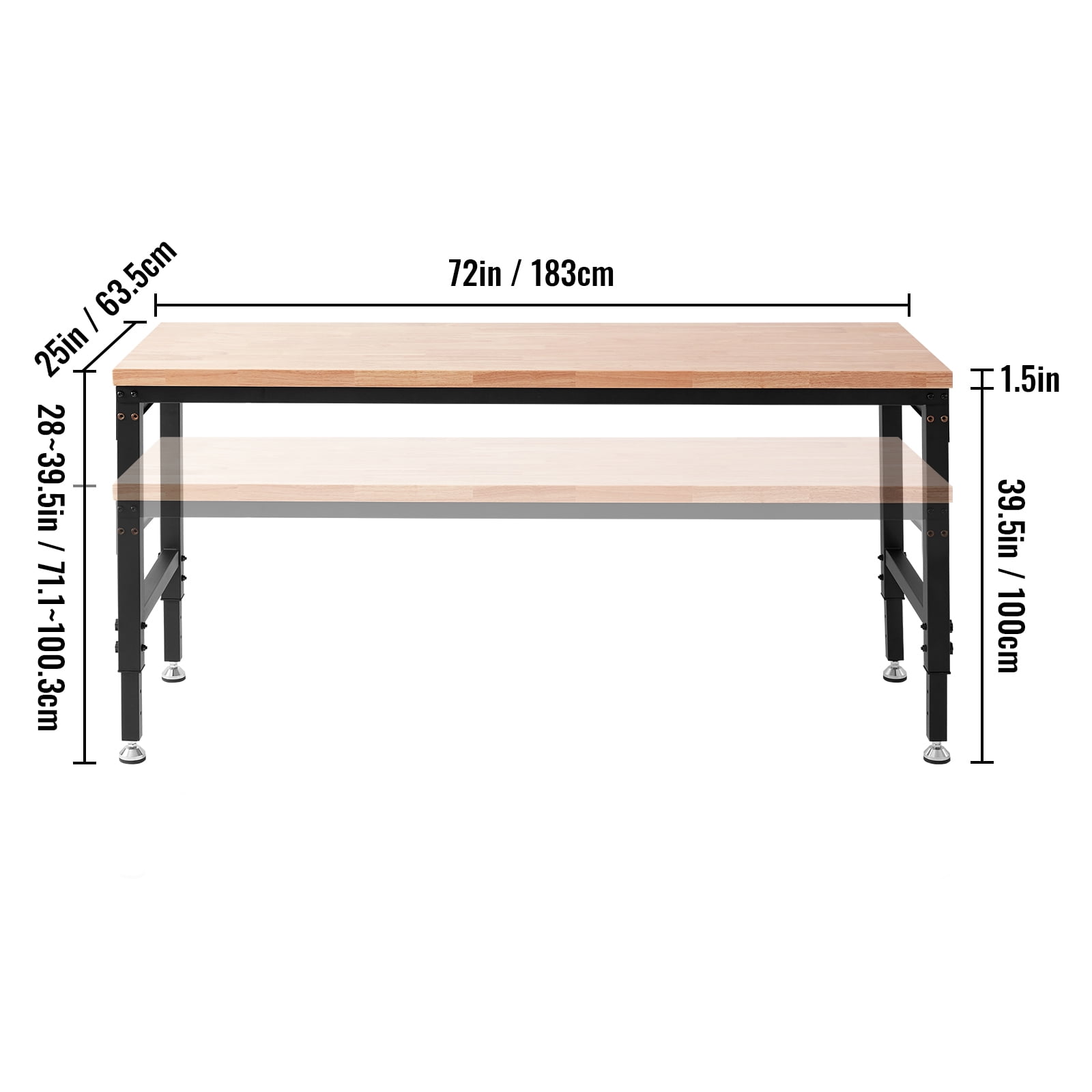 KFFKFF Adjustable Height Workbench 72"L x 25"W Work Bench Table w/ Power Outlets
