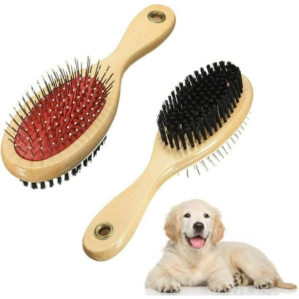 Cepillo de madera para perros, cepillo de aseo de doble cara para pelo de mascotas, cepillo de cerdas suaves y horquilla, peine y cepillo para perros, herramientas de aseo para perros, para pelo larg
