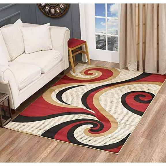 GLORY RUGS Modern Area Rug Swirls Carpet Bedroom Living Room Contemporary Dining Accent Sevilla Collection 4817 (4x6, Dark Red)