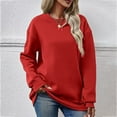 thumbnail image 2 of Jewelreauty Women Solid Color Long Sleeve Sweatshirts Crewneck Comfort Pullover Tops Casual Loose Hoodless Blouses (M, Red), 2 of 4