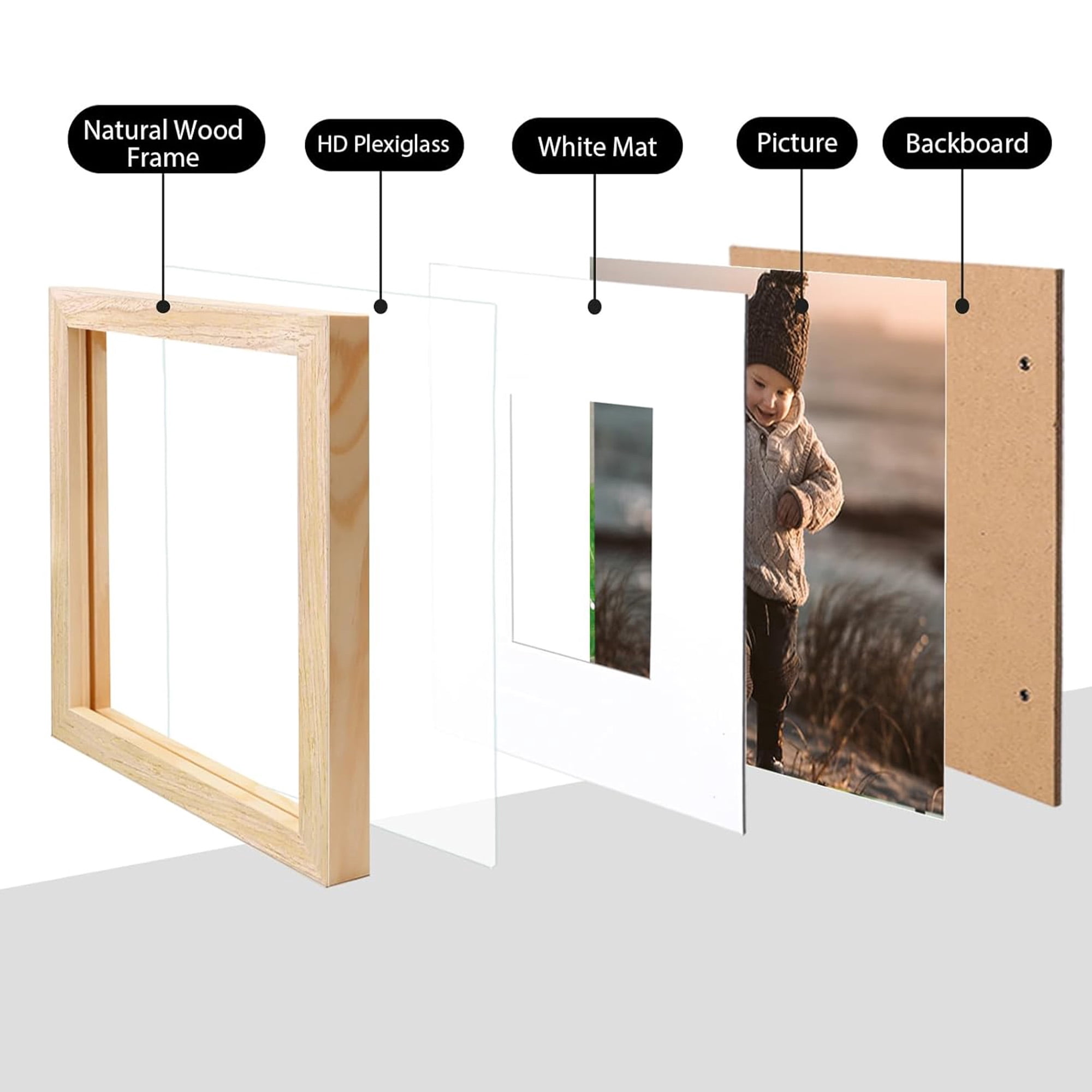 8x8 Picture Frame Set of 3, Display 5.5x5.5 Picture with Mat or 8 x 8 Without Mat, Square Wood Photo Frame for Wall Mount and Tabletop Display