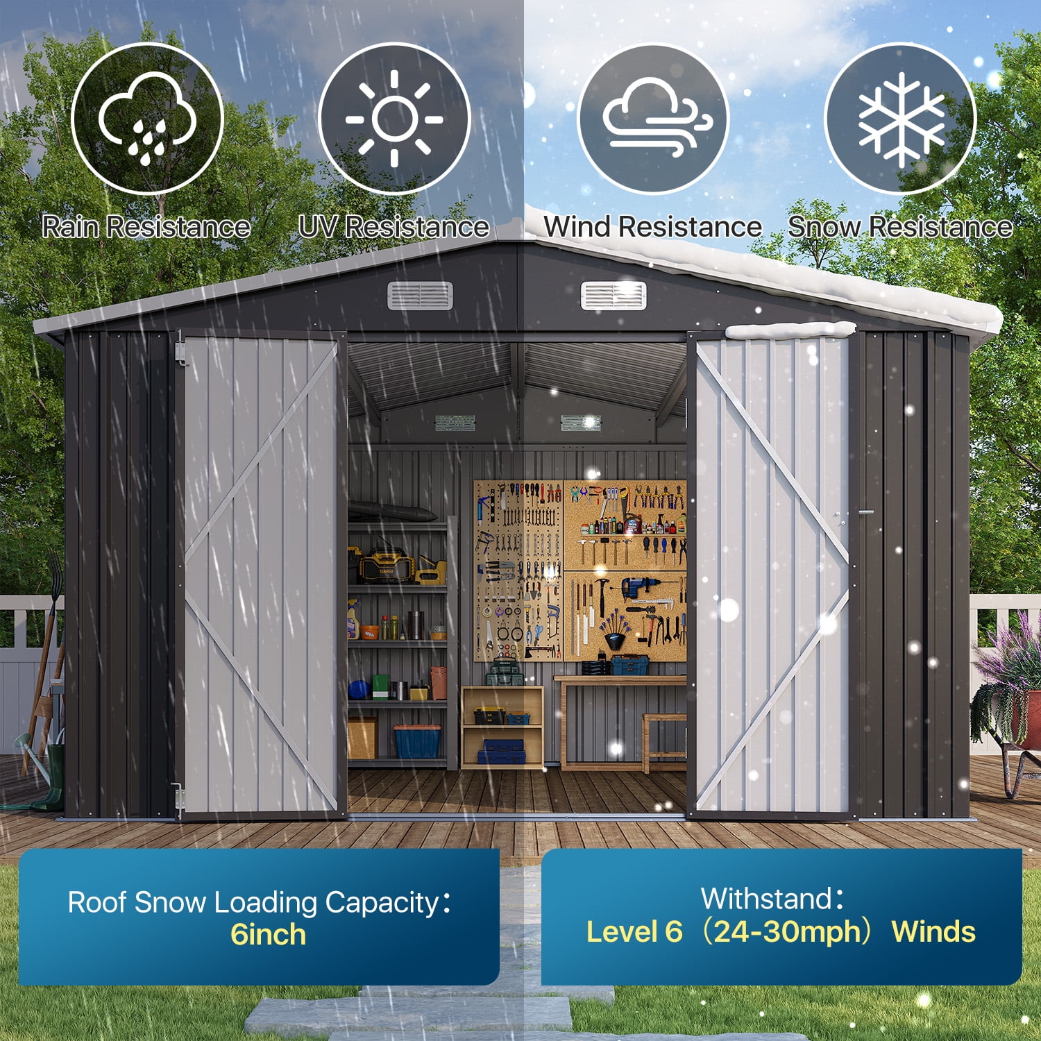 Clouddwell 10 x 12FT Shed Outdoor Storage Shed with Double Hinged Large Door, Large Metal Shed with Lockable Door & Sloped Roof for Garden, Backyard, Patio and Backyard, Black
