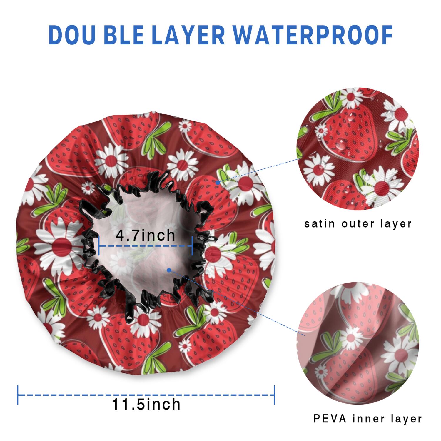 Shower Caps,Red Strawberry Plants Fruit Flower Waterproof Shower Cap for Women 4 Pieces,Double Reusable Hair Cover for Shower PEVA Elastic Stretch Hem