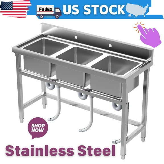 3-Bay Stainless Steel Sink Free Standing Utility Sink Kitchen Sink 3 Compartment Sink 304 Grade Laundry Tub Culinary Sink 9.5in H 18.7in Depth with Legs 30LBS for Laundry Room