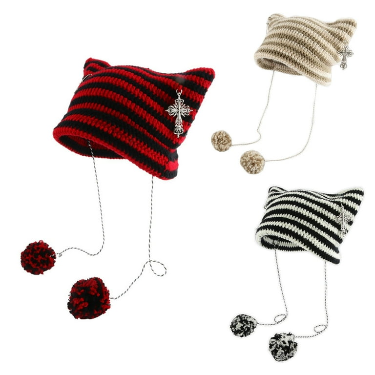 Cute Cat Ear Beanie With Pom Poms | Striped Knit Winter Hat For Women & Girls, Devil Horn Crochet Hat