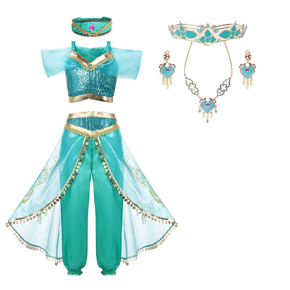 Disney Jasmine Princesse Robe Aladdin La Lampe Magique Costume Filles Vetements Anniversaire Carnaval Fete Halloween Fantaisie Vetements Ensemble