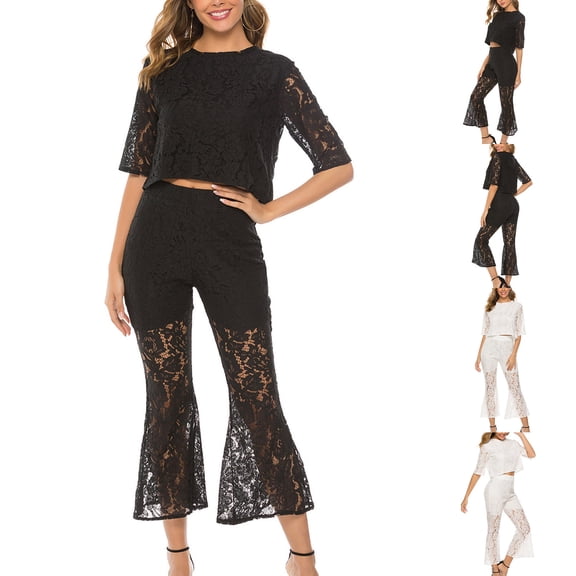 CHUMUD Lounge Sets for Women Petite 2 Piece Summer Casual Short Sleeve Crop Tops High Waisted Pants Hollow Out Lace Tracksuit Matching Set Party Office Work