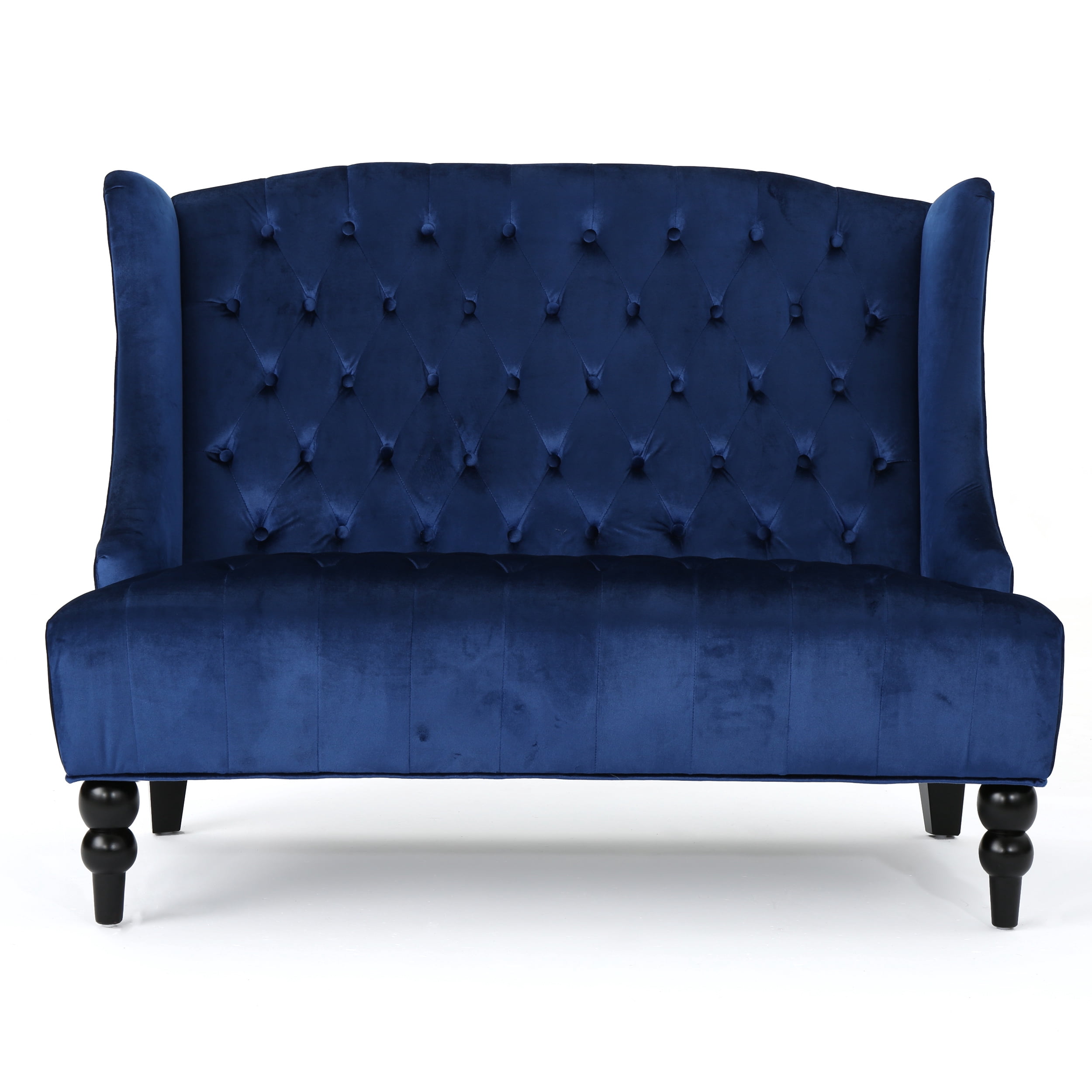 Noble House Lawrence Velvet Button Tufted Loveseat, Navy Blue