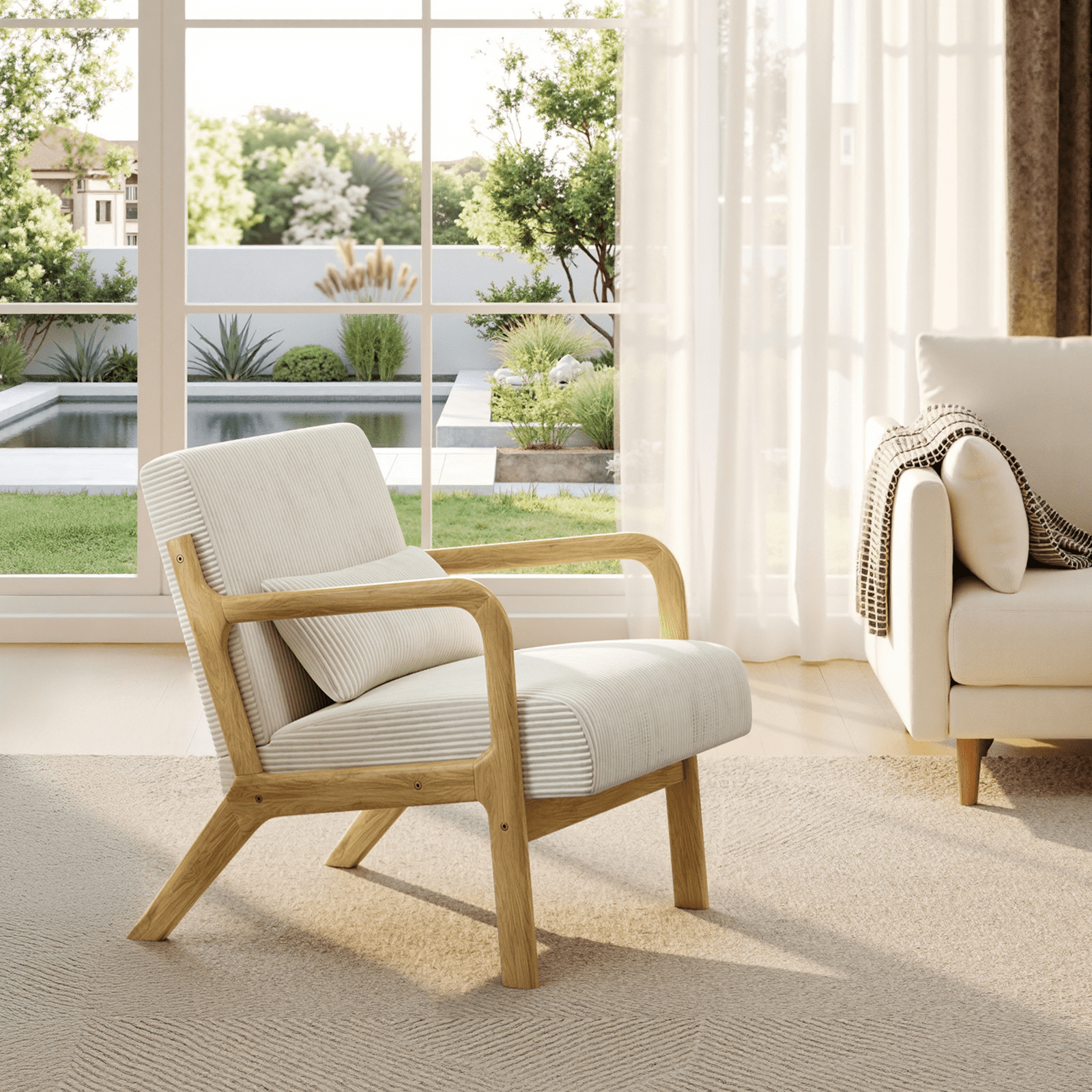 Renwick Mid-Century Corduroy Accent Chair, Modern Armchair with Wood Frame and Pillow for Living Room Bedroom Furniture, Set of 2, Beige