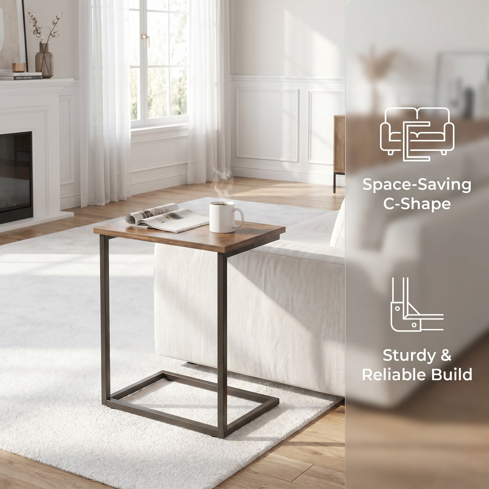 2 PCS C Shaped Sofa Side End Table，Side Table TV Tray Table for Sofa,Couch Table with metal frame for livingroom,Bedroom,Rustic Brown