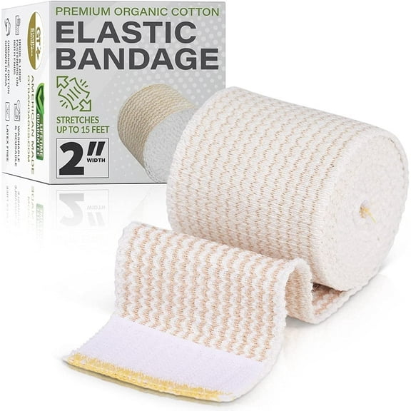 GT USA Cotton Elastic Bandage Wrap (2" Wide, 1 Pack) | Hook & Loop Fasteners at Both Ends | Latex Free | Hypoallergenic Compression Roll for Sprains & Injuries