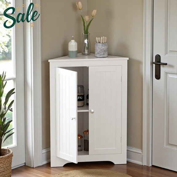 Tcbosik White Floor Corner Cabinet with 2 Doors, Modern MDF Storage Cabinet with Adjustable Interior Shelf, Multipurpose Organizer for Bathroom, Living Room or Bedroom