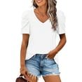 thumbnail image 3 of Camisa de manga abullonada, blusa de manga corta con escote en V y manga corta para mujer, color liso, precio inmejorable, 3 of 4