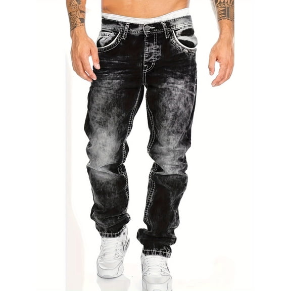 Men's fashionable washed straight leg jeans with American retro style design, suitable for casual wear in all seasons for adults, suitable for street travel and trendy gatherings
