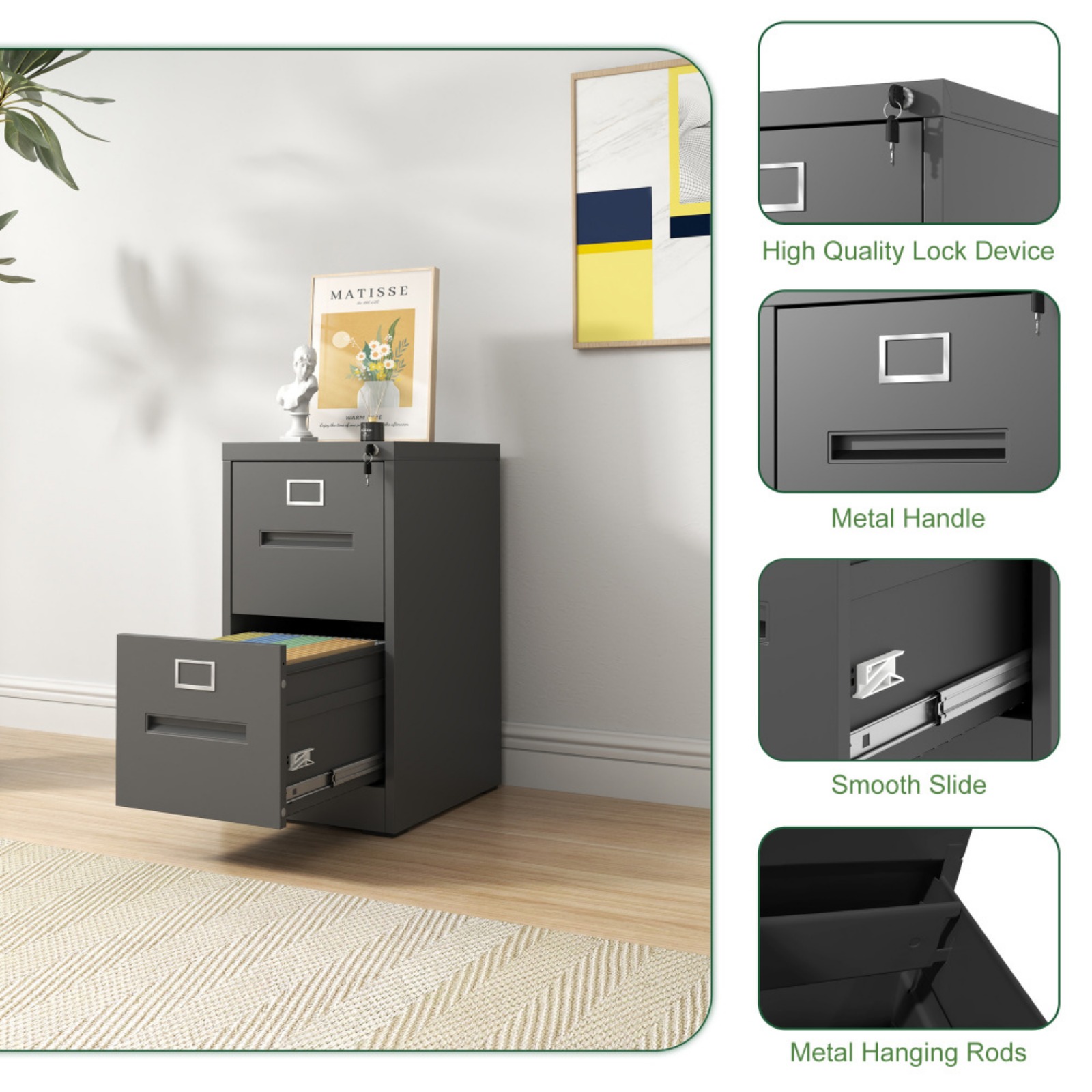 2 Drawer Lateral File Cabinet with Lock, Metal Lateral Filing Cabinet for Home Office, Steel Wide Horizontal Filing Cabinets for Letter/Legal/A4/F4 Hanging Files (Black)