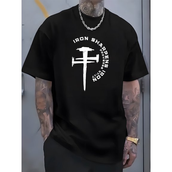 Men's 100% Cotton Casual T-Shirt - "Iron Sharpens Iron" Graphic, Breathable & Machine Washable, Round Neck Short Sleeve Tee for Everyday & Outdoor Activities