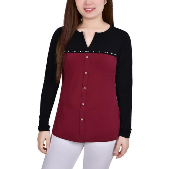 NY Collection Womens Petites Embellished Crepe Blouse