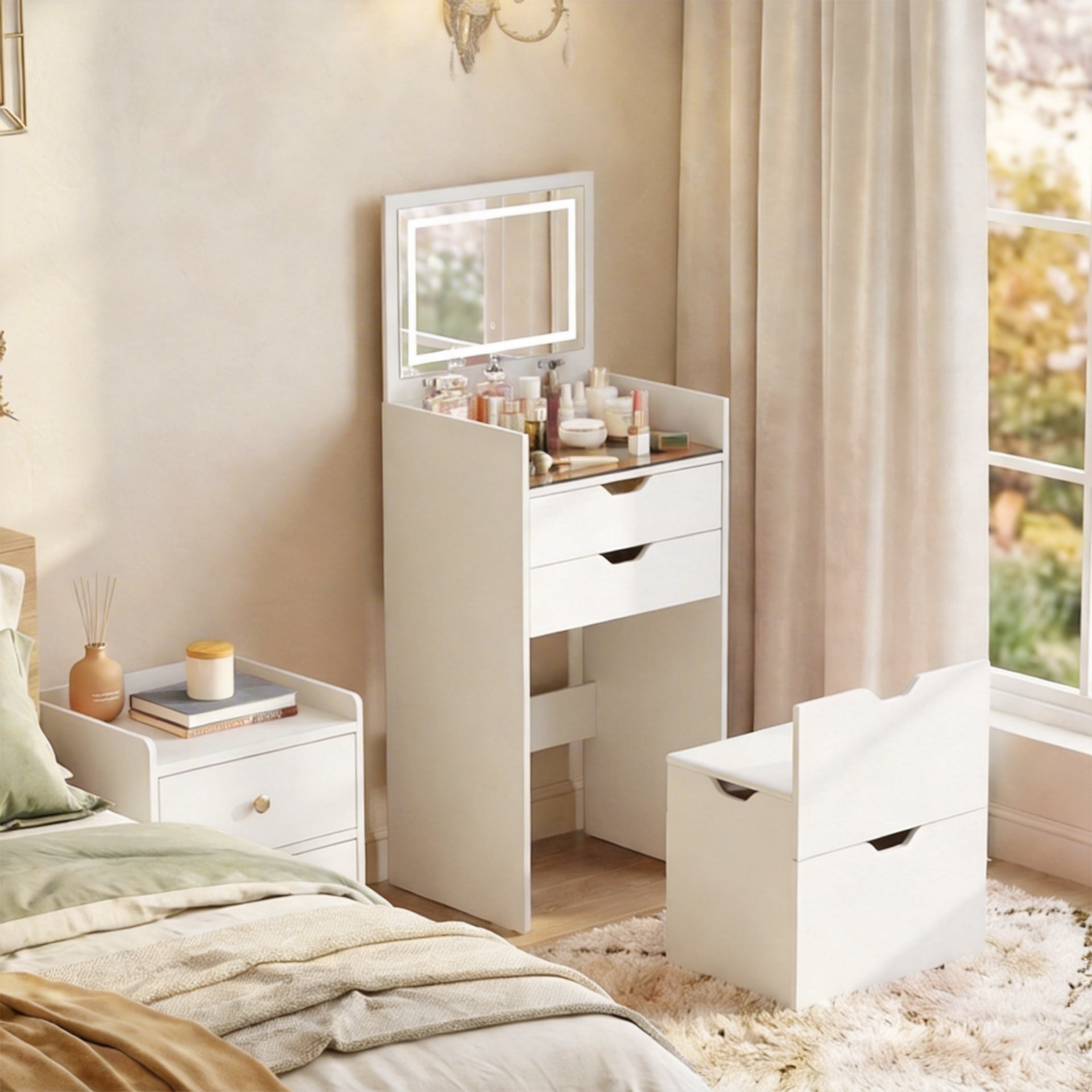 3-in-1 Vanity Desk with Lights & Flip Mirror, Small Makeup Vanity Set with Hidden Stool and Storage Drawers, Space-Saving Dressing Table for Bedroom, White