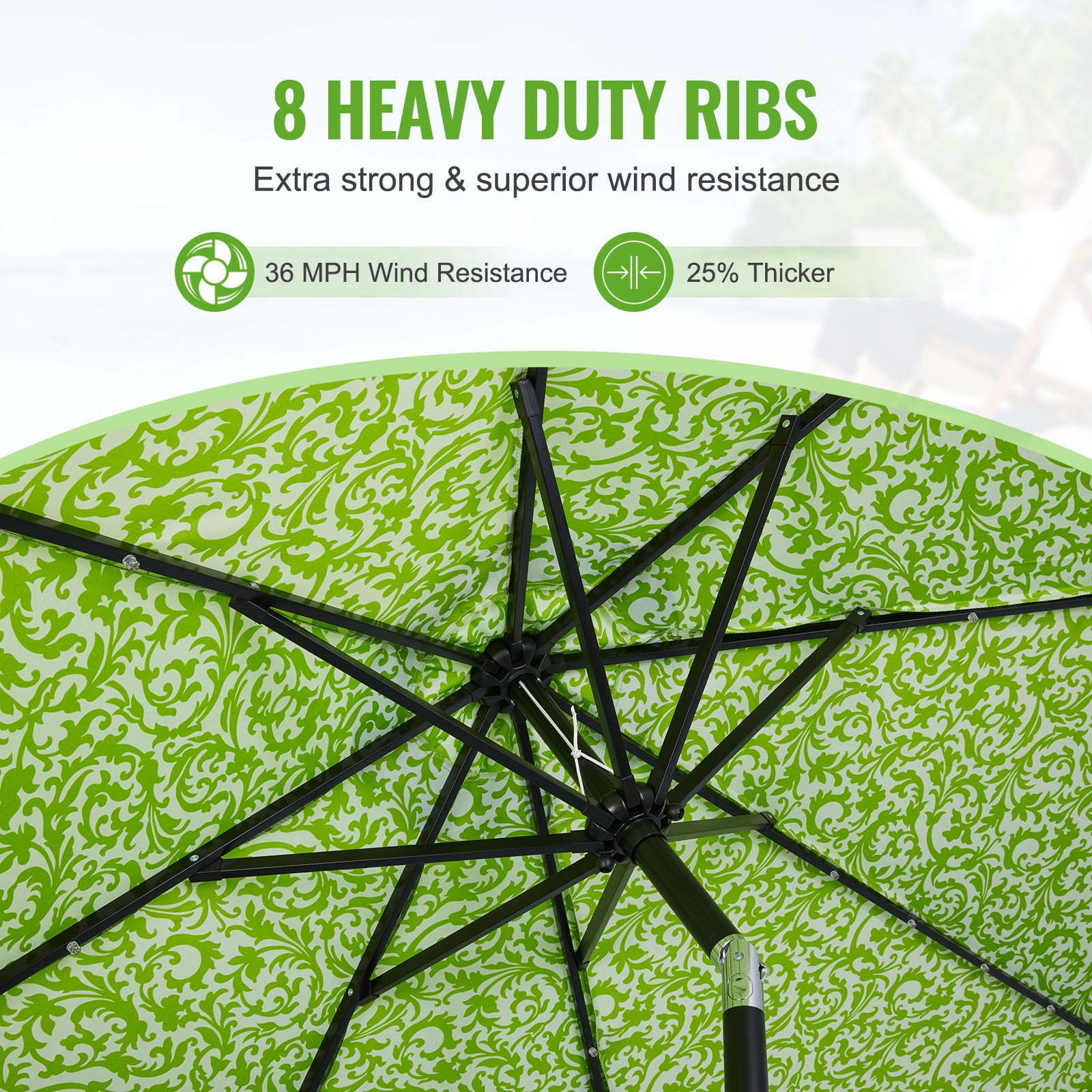 Backyard Expressions 9ft Solar Patio Umbrella with 32 LED Lights – Outdoor Market Umbrella with Tilt & Crank, Solar-Powered Lighting, Water-Resistant Fabric for Patio, Deck, Garden, Pool