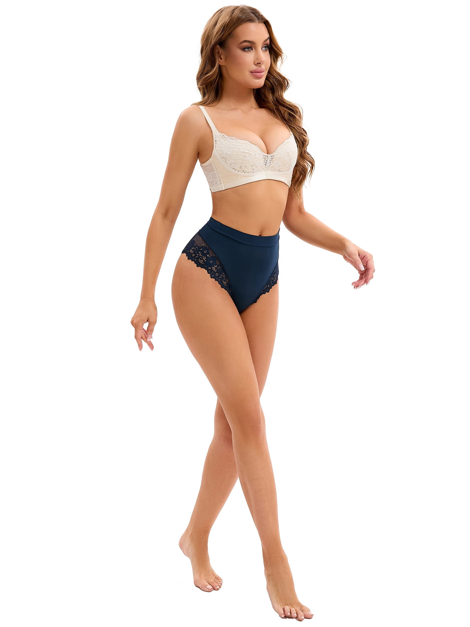DARING DIVA Women's High-Waisted Underwear Thong Briefs Lace Trim Panties Dark Blue XL