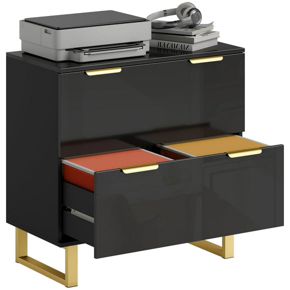 HOMCOM 2 Drawer File Cabinet Lateral Filing Cabinet High Gloss Black