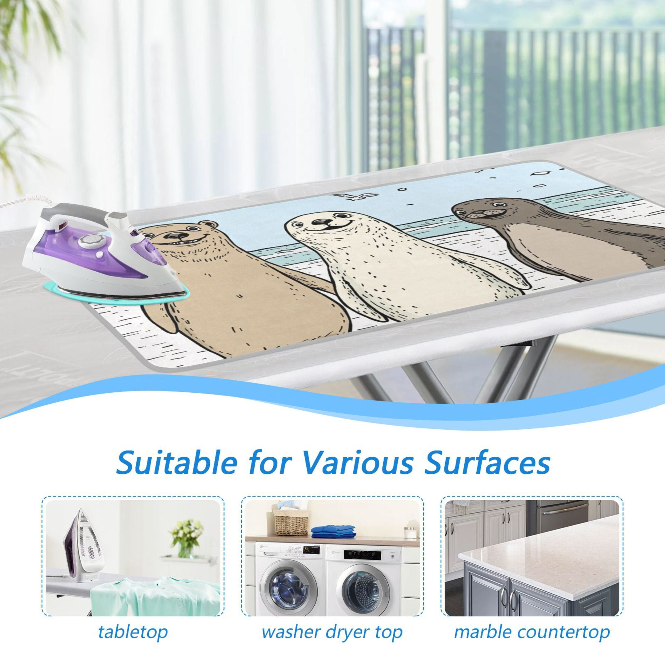 Three Cute Animals Hand Drawn Ironing Mat Blanket for Table Top Travel Portable Ironing Board Pad 47.2x27.6 Inch