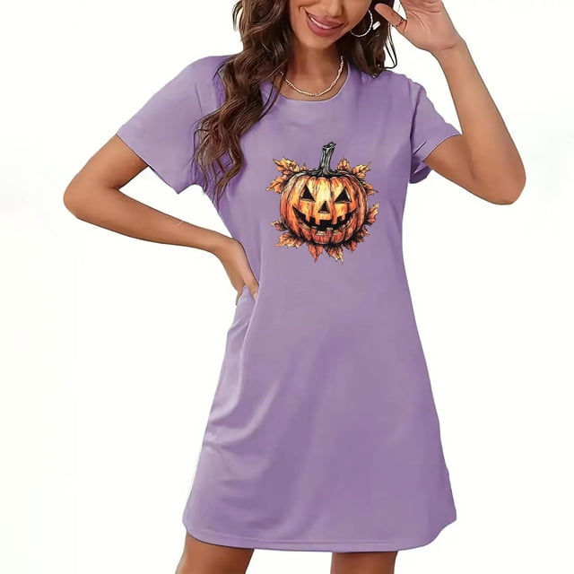 Pyjama d'Halloween pour Femmes, Grande Taille, Chemise de Nuit Courte avec Imprimé Poitrine et Col Rond, Vêtements de Nuit Confortables pour Tenue Décontractée