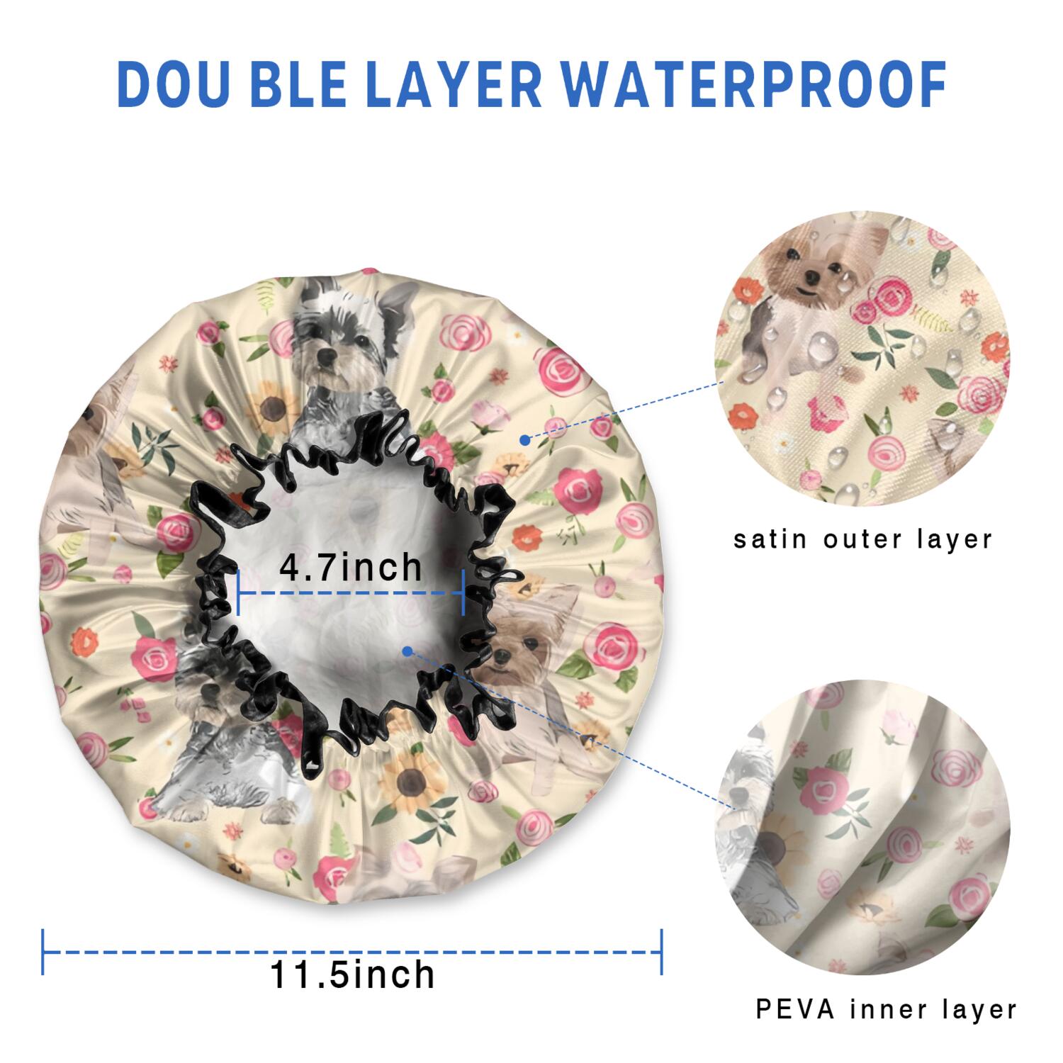 Shower Caps,Yorkie with Pioneer Flower Waterproof Shower Cap for Women 4 Pieces,Double Reusable Hair Cover for Shower PEVA Elastic Stretch Hem