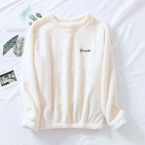 BLTIBY Women's Flannel NightShirt Long Sleeve Solid Color Winter Warm Sleepwear Fashion Pullover Sleepshirts White Free Size