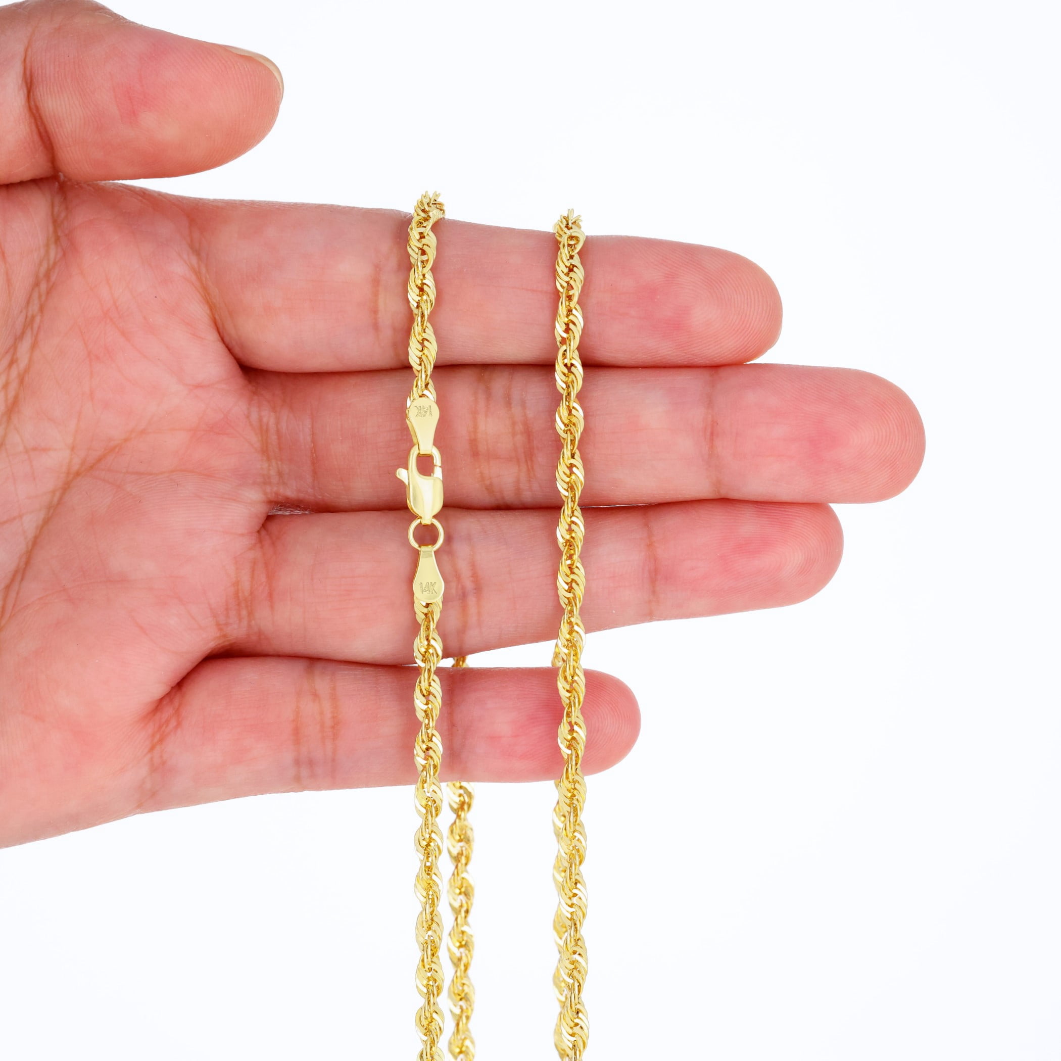 Nuragold 14k Real Yellow Gold 3.5mm Rope Chain Diamond Cut Lightweight Necklace (16"-30") Italian Jewelry for Men & Women