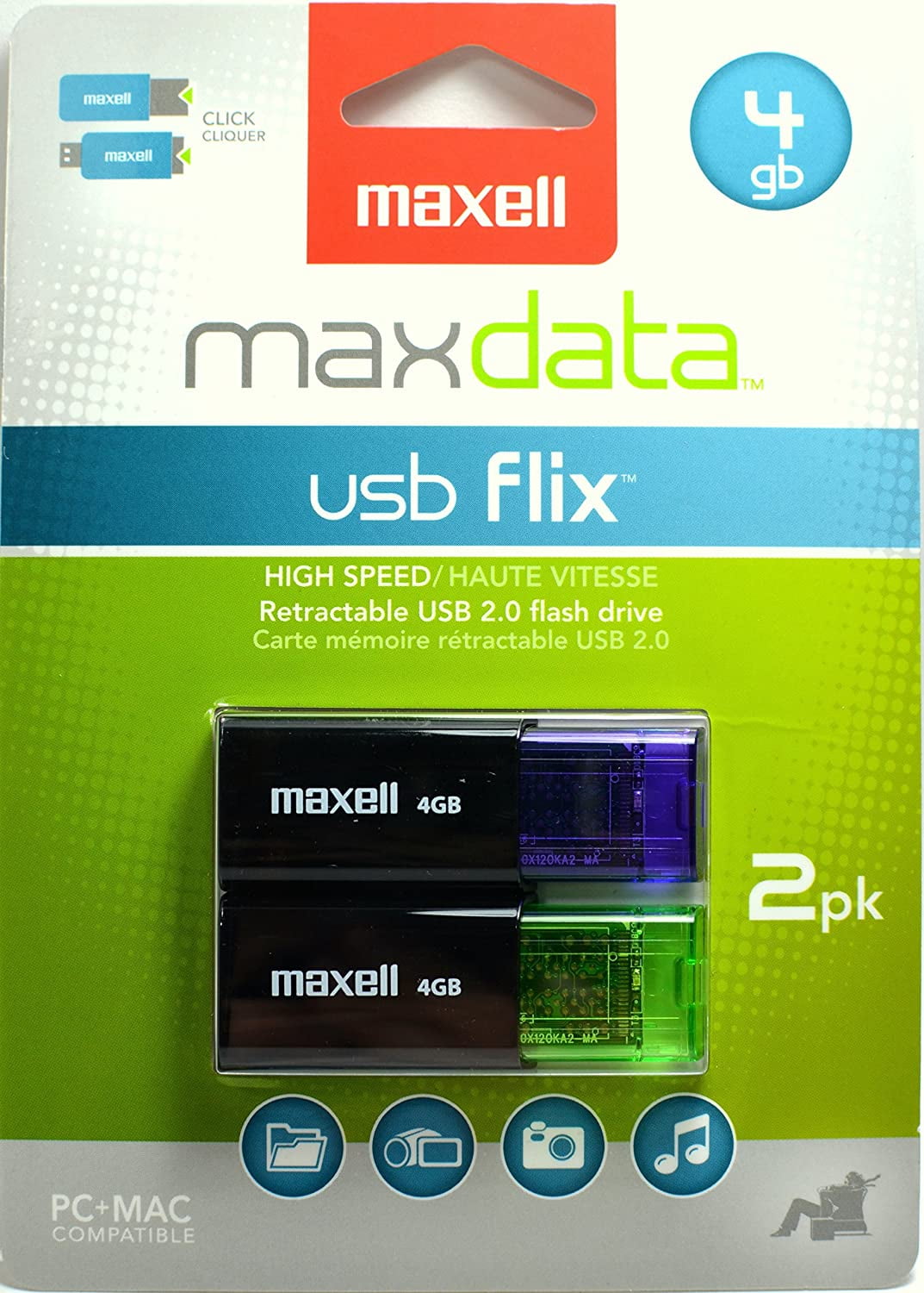 2 Pack Maxell USB Flix 4GB Retractable USB 2.0 Flash Drive 